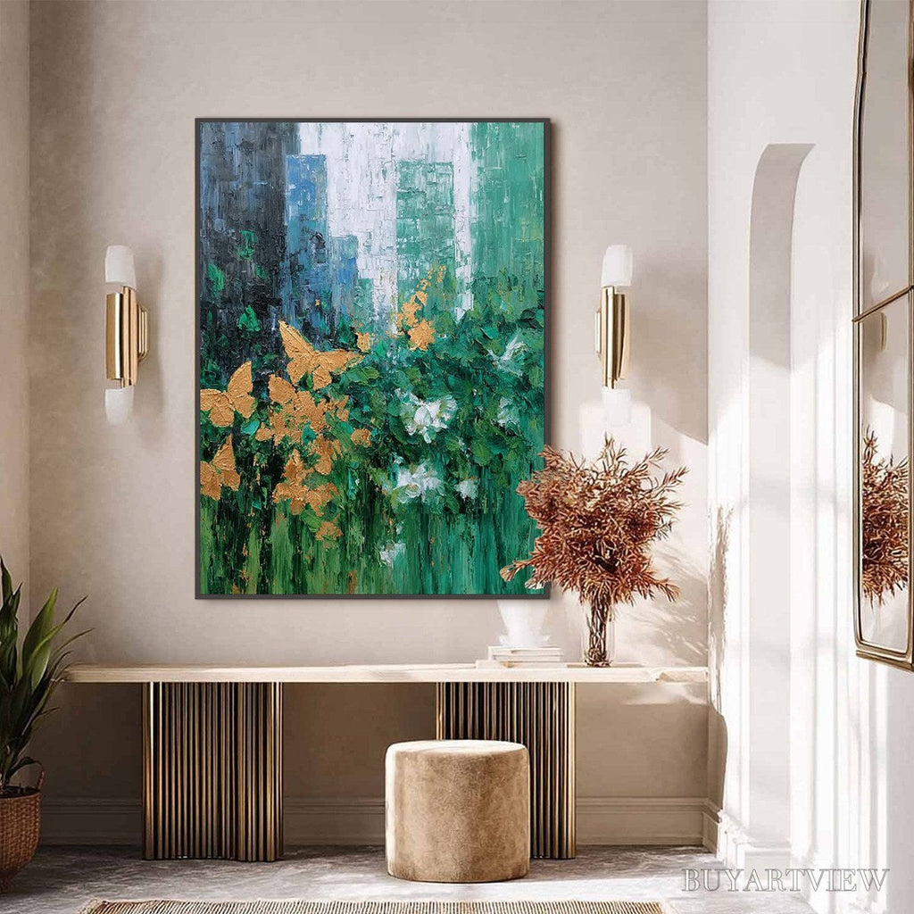 ARTOVITAS Golden Metamorphosis – Textured Abstract Cityscape Painting with Golden Butterflies - image 6