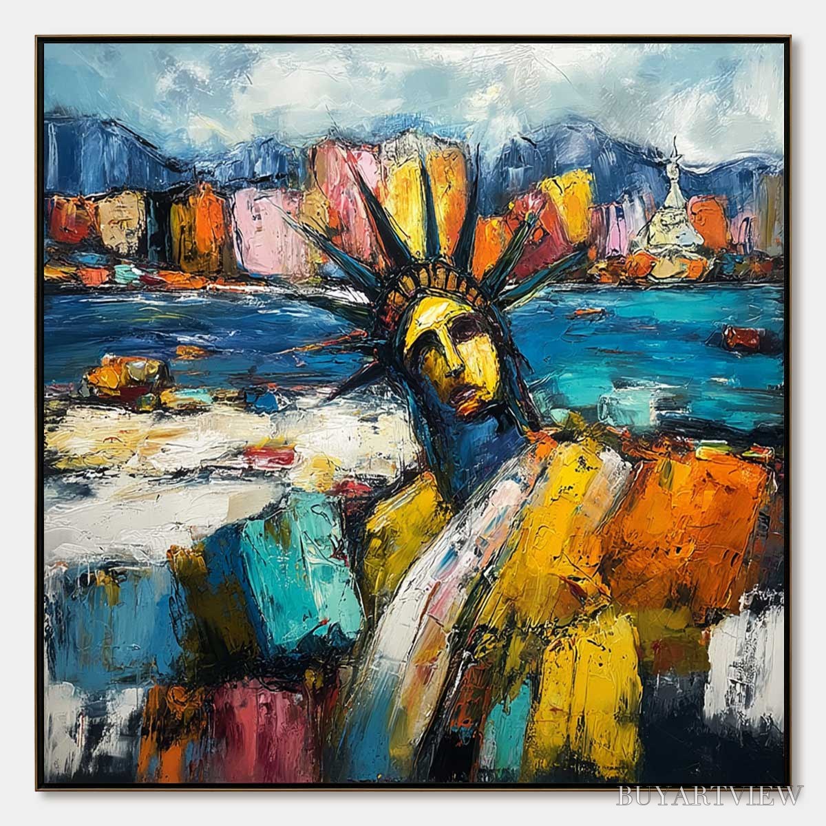 ARTOVITAS Empire Vibrations – Textured Abstract Statue of Liberty Cityscape Painting - image 1
