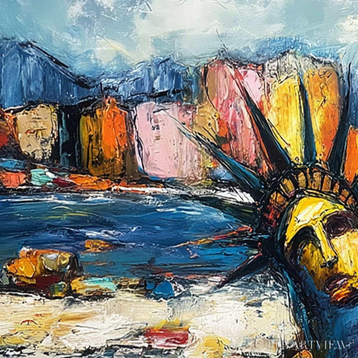 ARTOVITAS Empire Vibrations – Textured Abstract Statue of Liberty Cityscape Painting - image 3