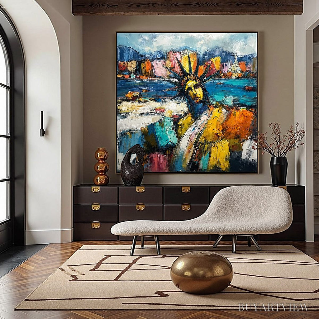 ARTOVITAS Empire Vibrations – Textured Abstract Statue of Liberty Cityscape Painting - image 4