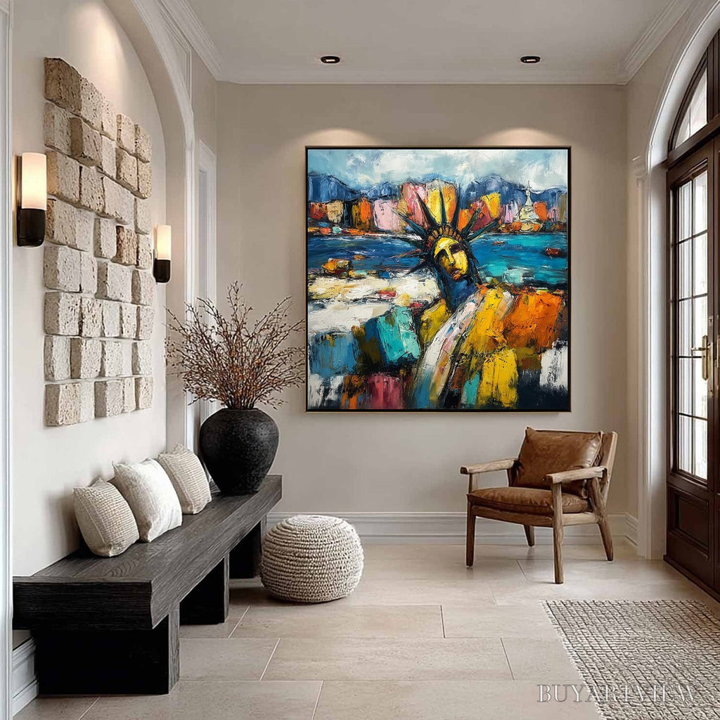 ARTOVITAS Empire Vibrations – Textured Abstract Statue of Liberty Cityscape Painting - image 6