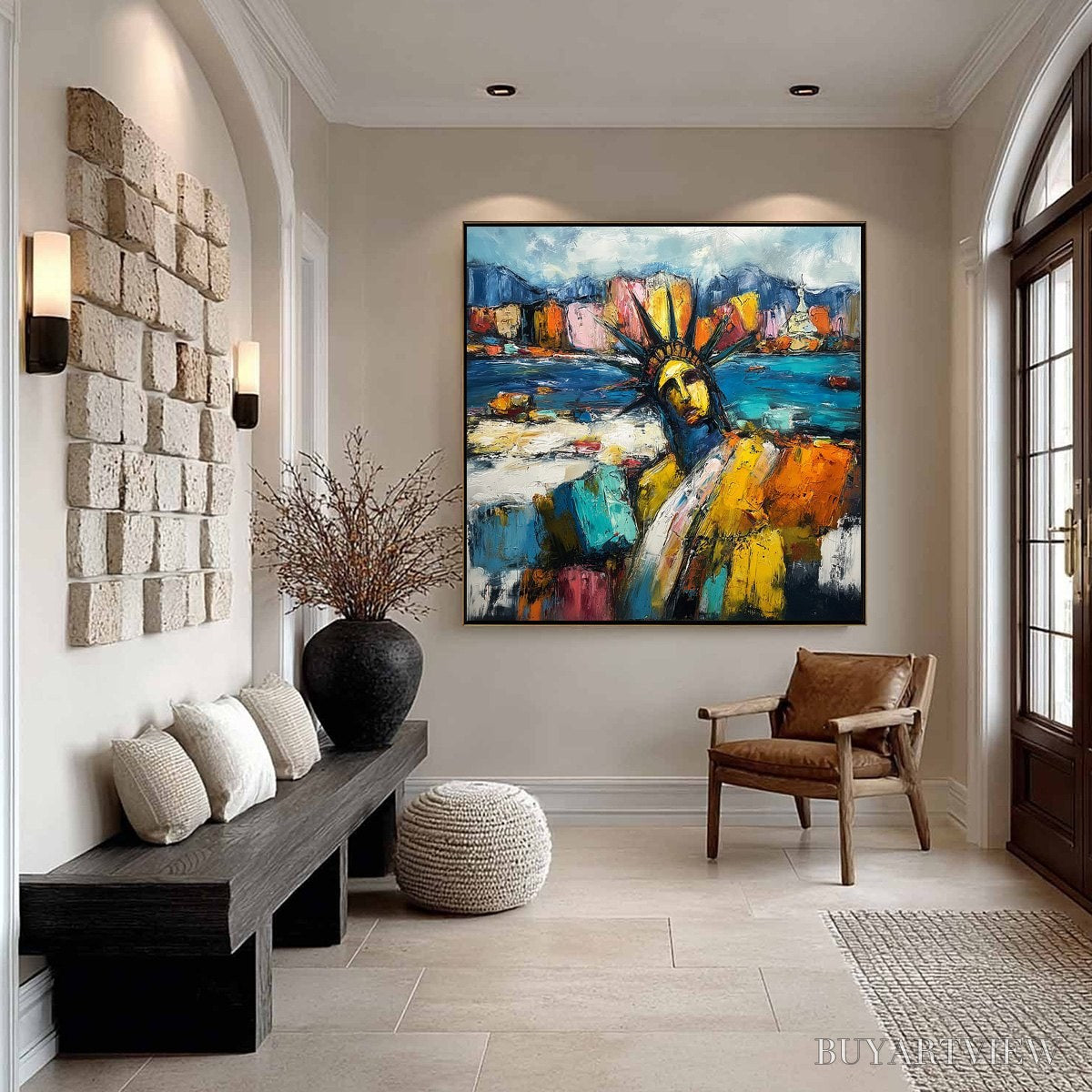 ARTOVITAS Empire Vibrations – Textured Abstract Statue of Liberty Cityscape Painting - image 6