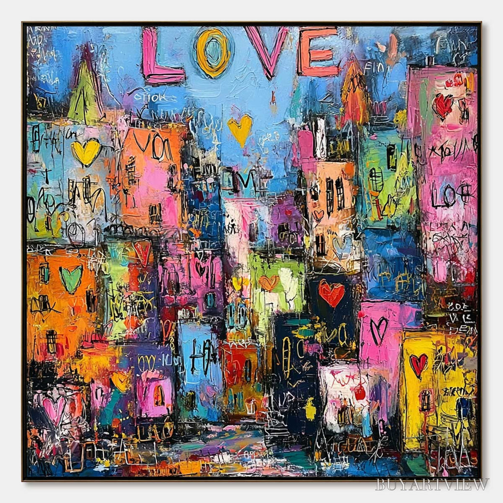 ARTOVITAS City of Love – Vibrant Textured Abstract Cityscape 'Love' Painting - image 1