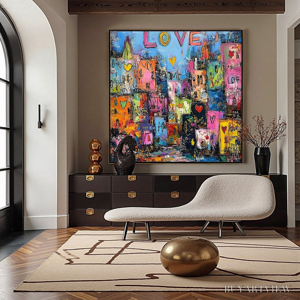 ARTOVITAS City of Love – Vibrant Textured Abstract Cityscape 'Love' Painting - image 4