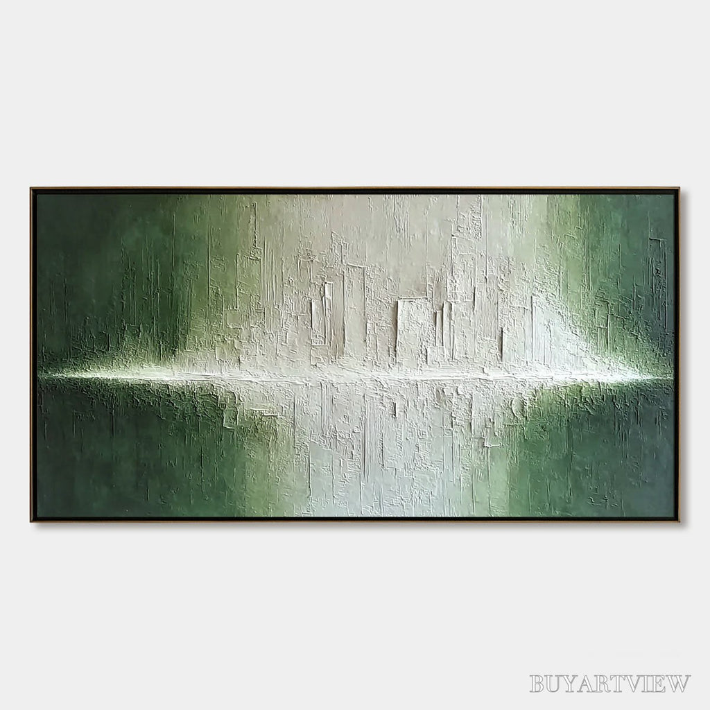 ARTOVITAS Emerald Horizon – Large Textured Green and White Abstract Cityscape Painting - image 1