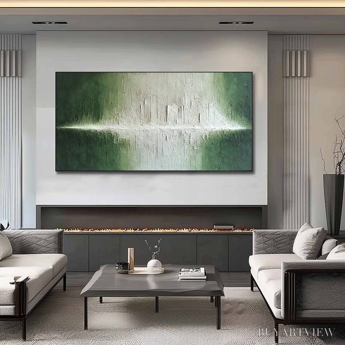 ARTOVITAS Emerald Horizon – Large Textured Green and White Abstract Cityscape Painting - image 2