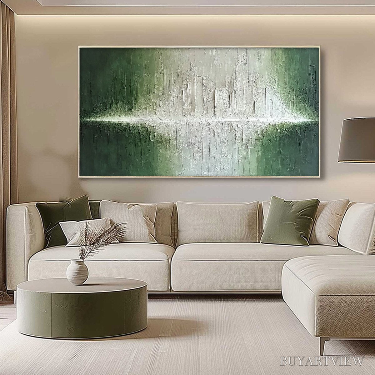 ARTOVITAS Emerald Horizon – Large Textured Green and White Abstract Cityscape Painting - image 4