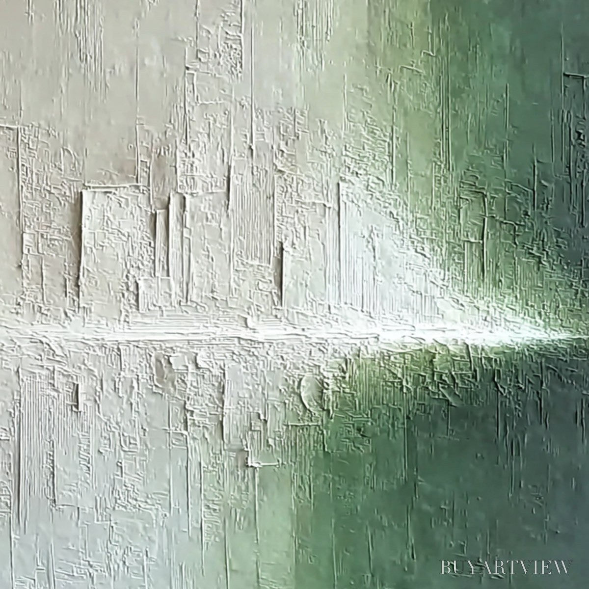 ARTOVITAS Emerald Horizon – Large Textured Green and White Abstract Cityscape Painting - image 5