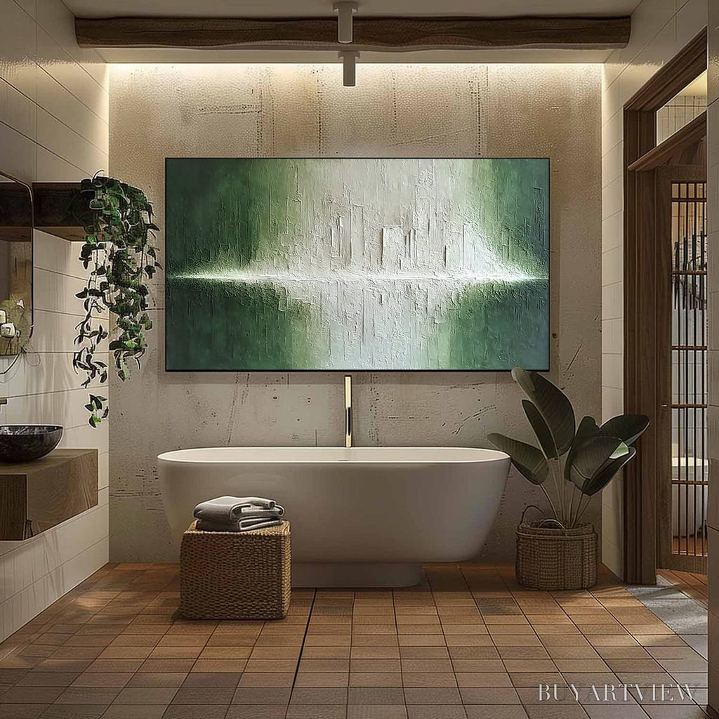 ARTOVITAS Emerald Horizon – Large Textured Green and White Abstract Cityscape Painting - image 6