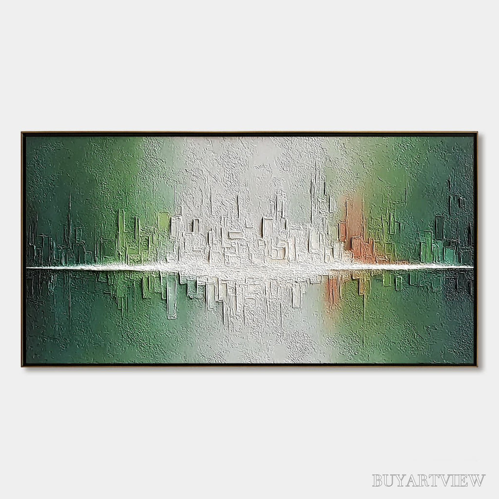 ARTOVITAS Veridian Reflections – Textured Abstract Cityscape Reflection Painting - image 1