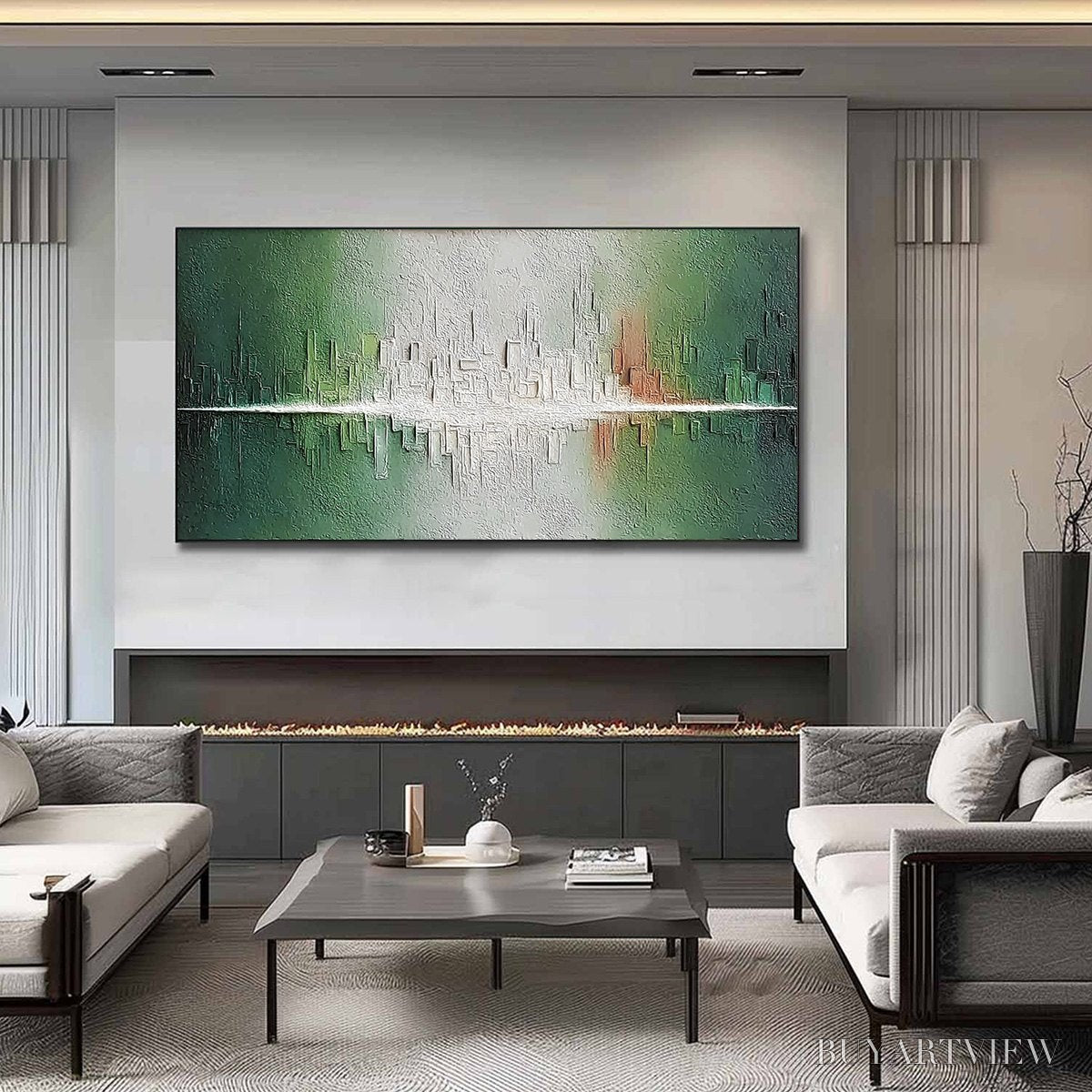 ARTOVITAS Veridian Reflections – Textured Abstract Cityscape Reflection Painting - image 2