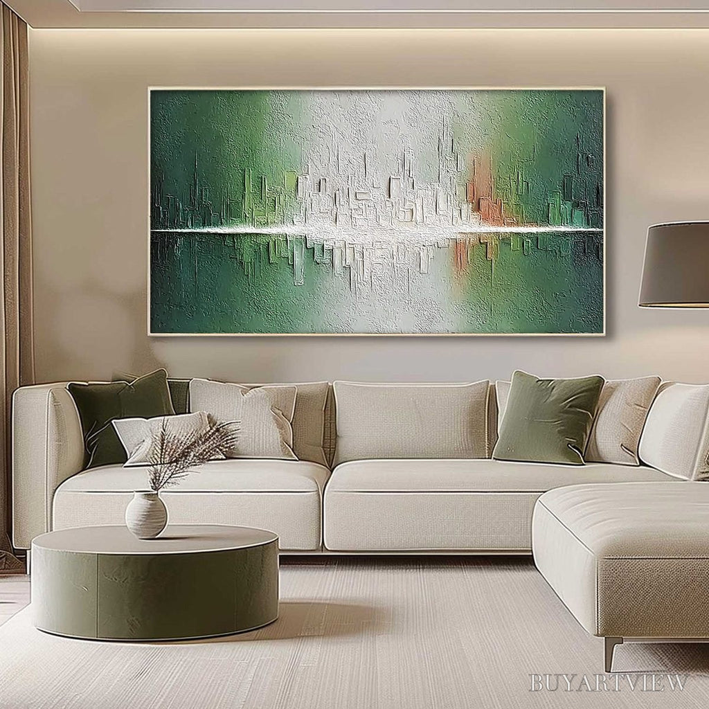 ARTOVITAS Veridian Reflections – Textured Abstract Cityscape Reflection Painting - image 4