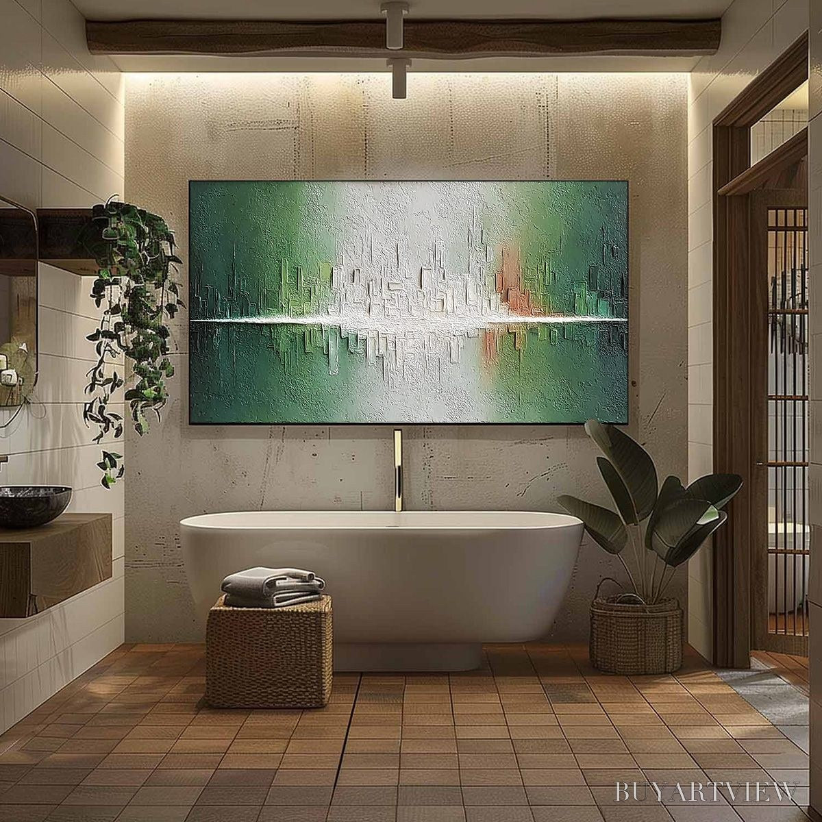 ARTOVITAS Veridian Reflections – Textured Abstract Cityscape Reflection Painting - image 6