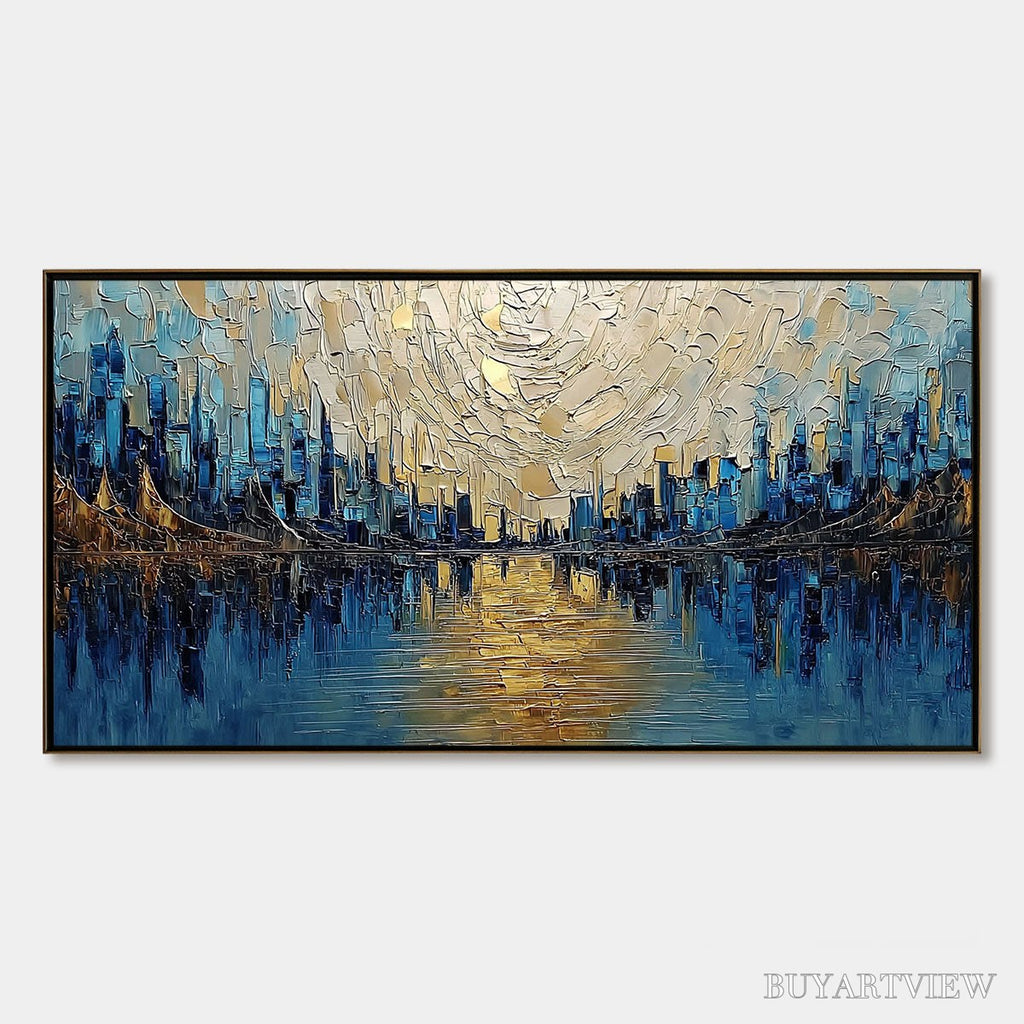 ARTOVITAS Golden Horizon – Textured Palette Knife Cityscape Reflection Painting - image 1