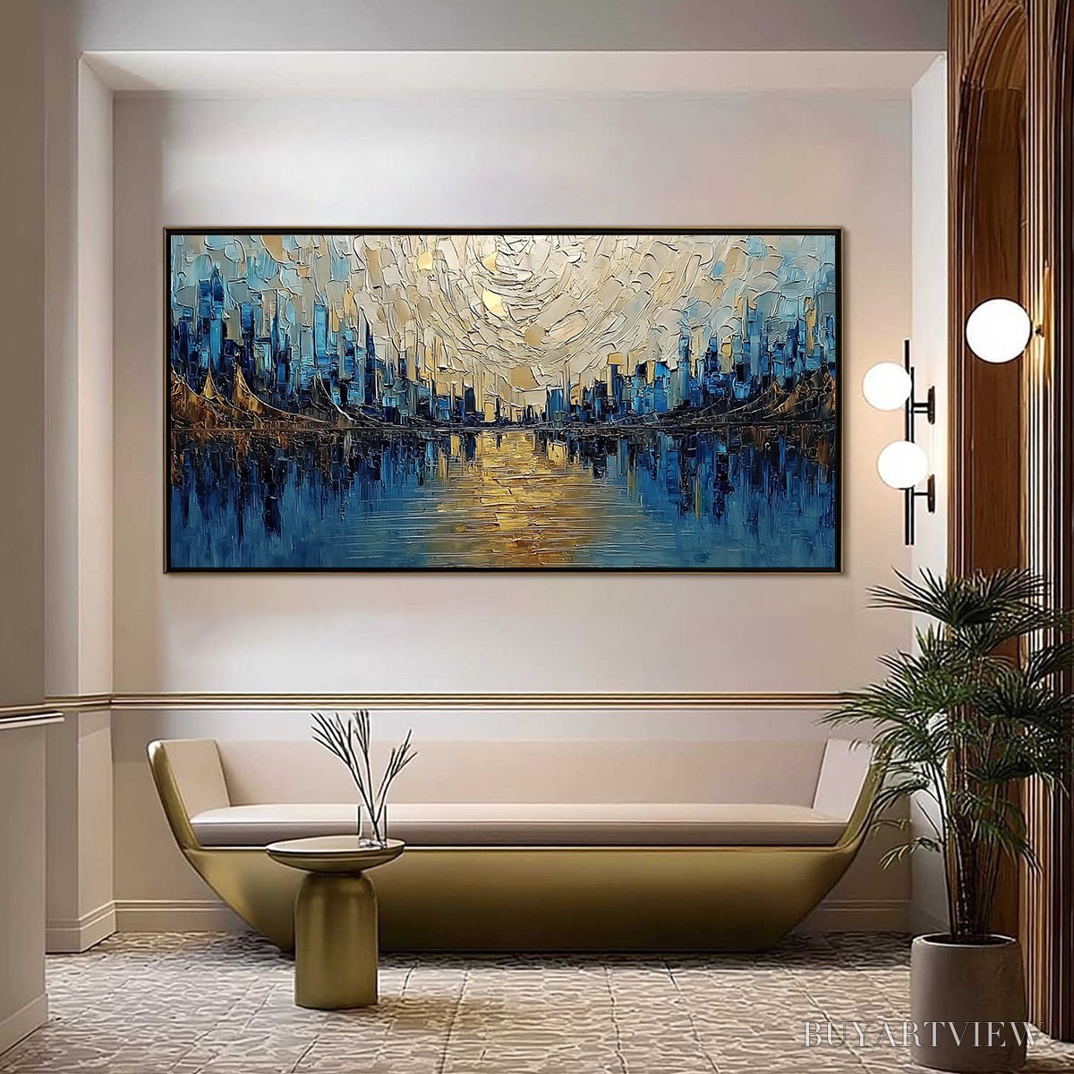 ARTOVITAS Golden Horizon – Textured Palette Knife Cityscape Reflection Painting - image 2