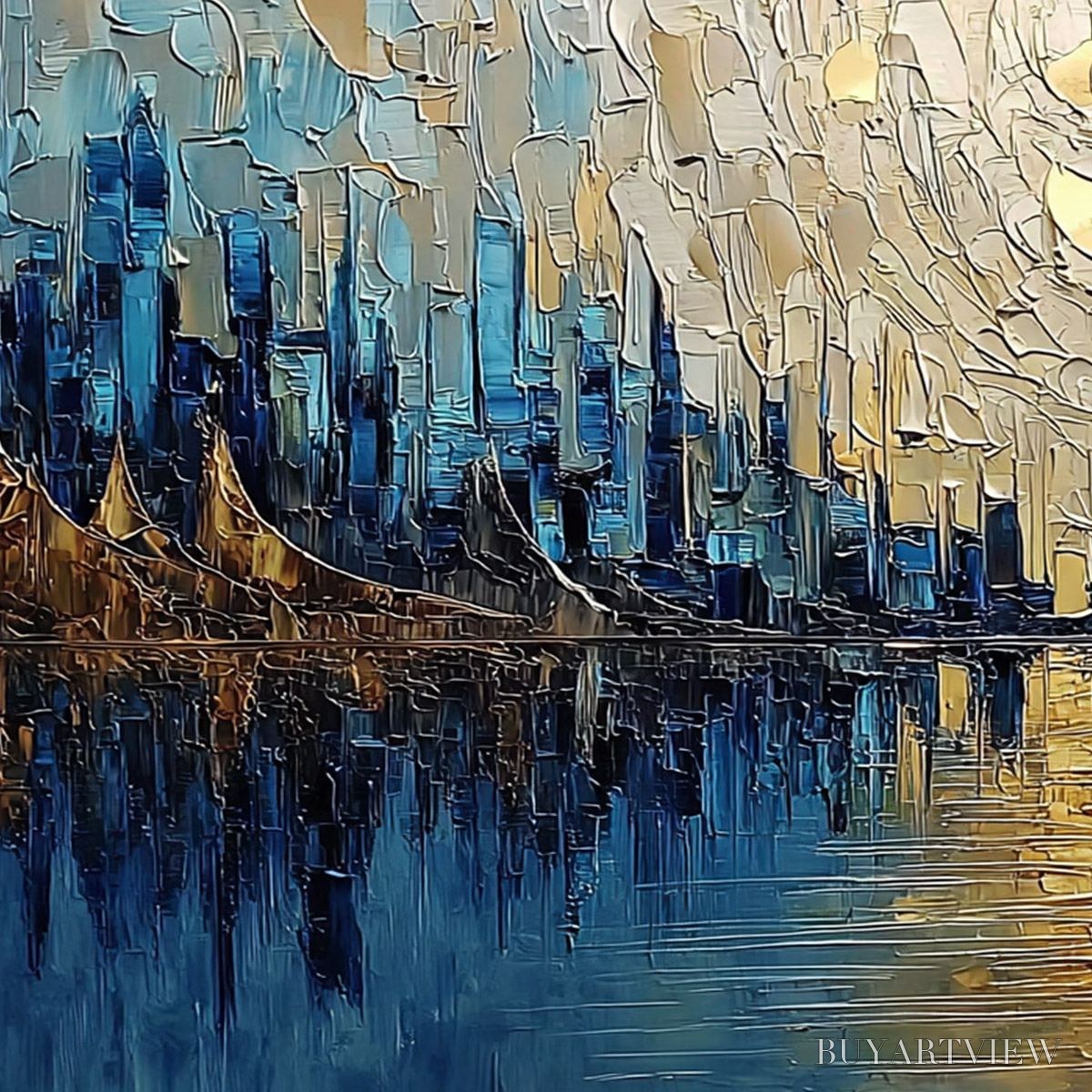 ARTOVITAS Golden Horizon – Textured Palette Knife Cityscape Reflection Painting - image 3