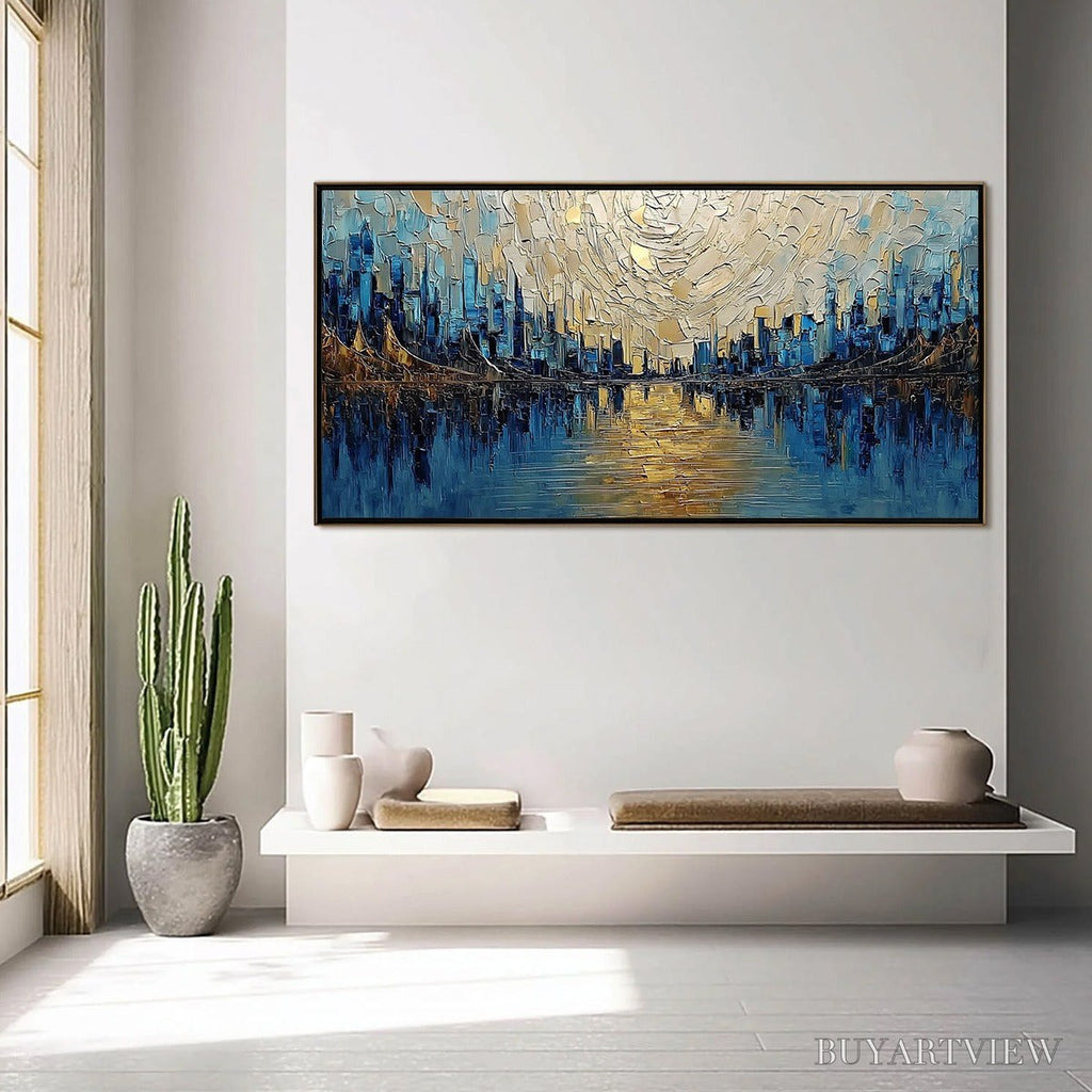 ARTOVITAS Golden Horizon – Textured Palette Knife Cityscape Reflection Painting - image 4