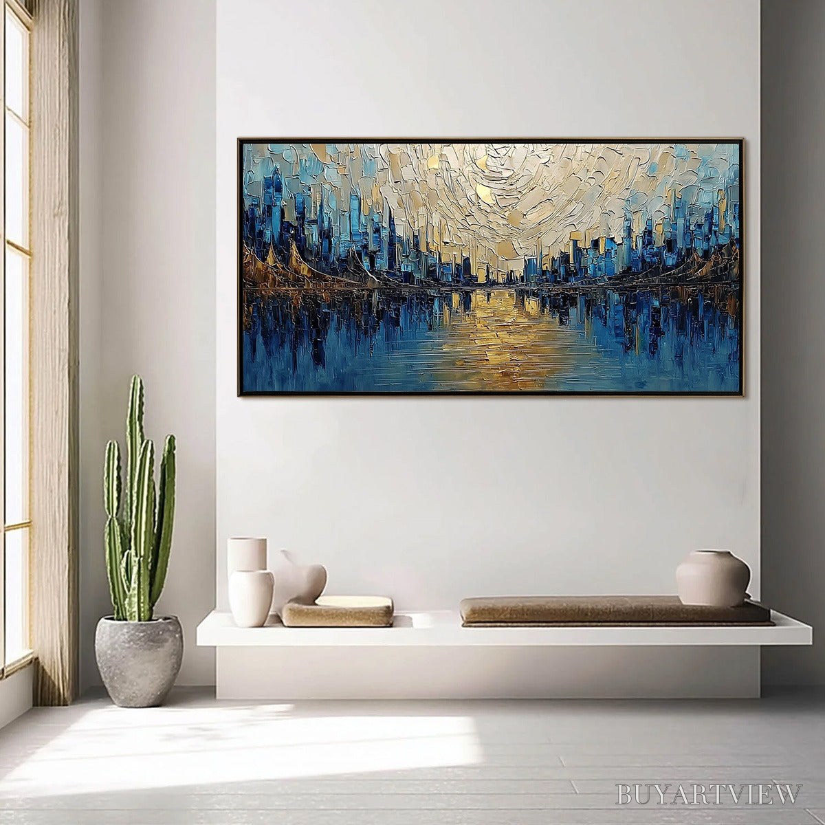 ARTOVITAS Golden Horizon – Textured Palette Knife Cityscape Reflection Painting - image 4