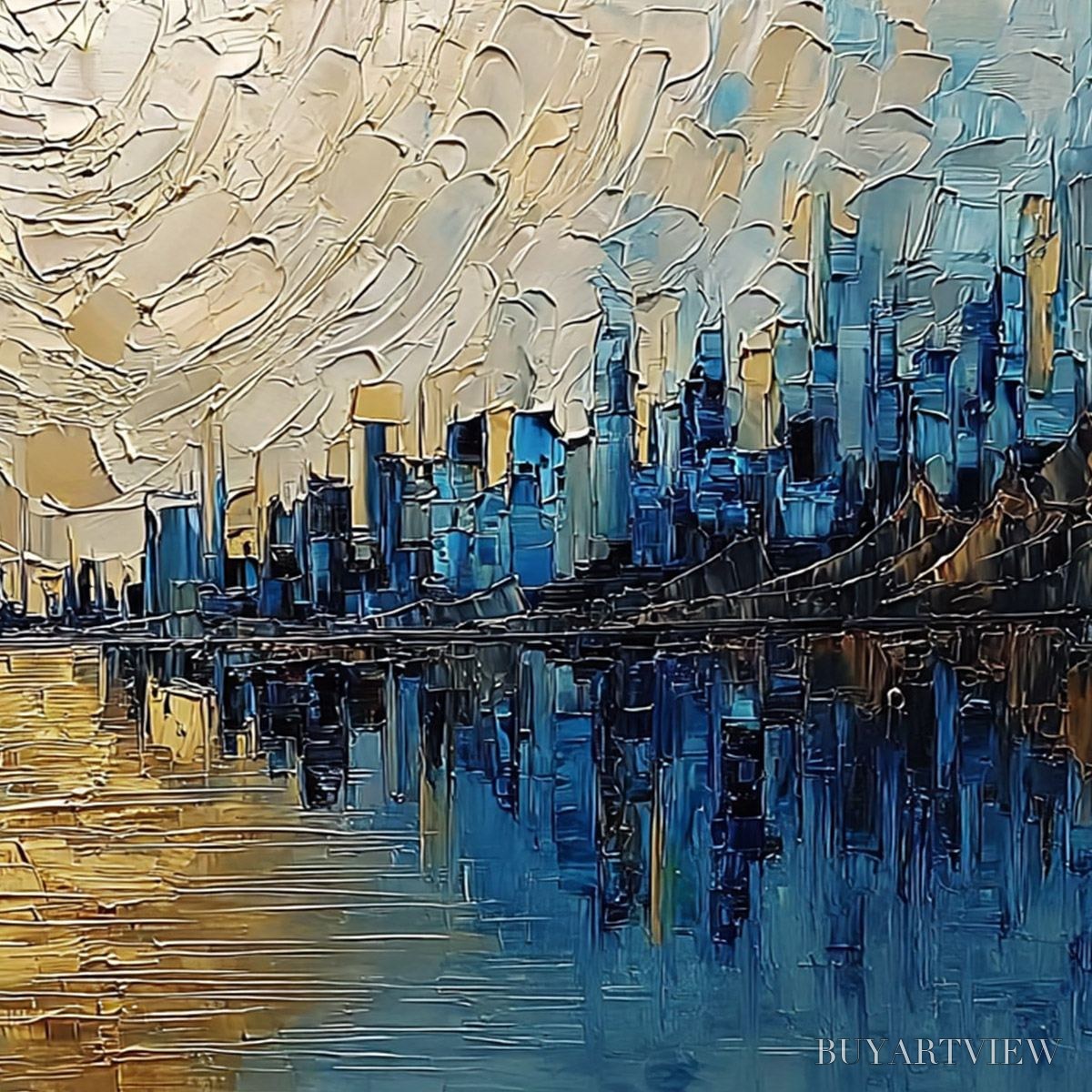 ARTOVITAS Golden Horizon – Textured Palette Knife Cityscape Reflection Painting - image 5