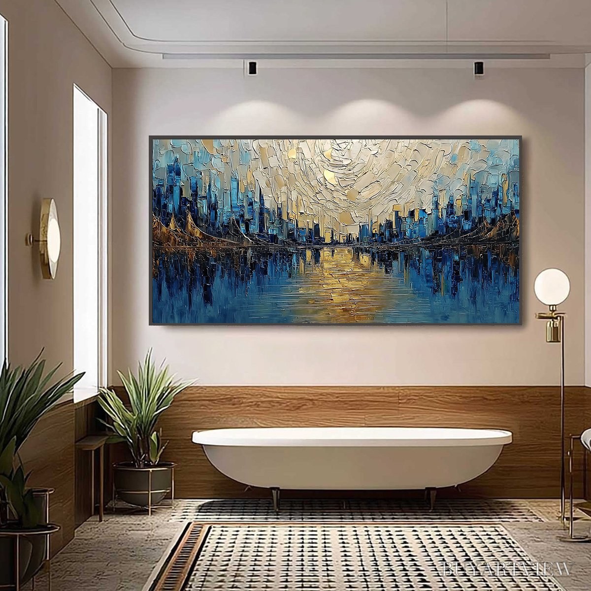 ARTOVITAS Golden Horizon – Textured Palette Knife Cityscape Reflection Painting - image 6