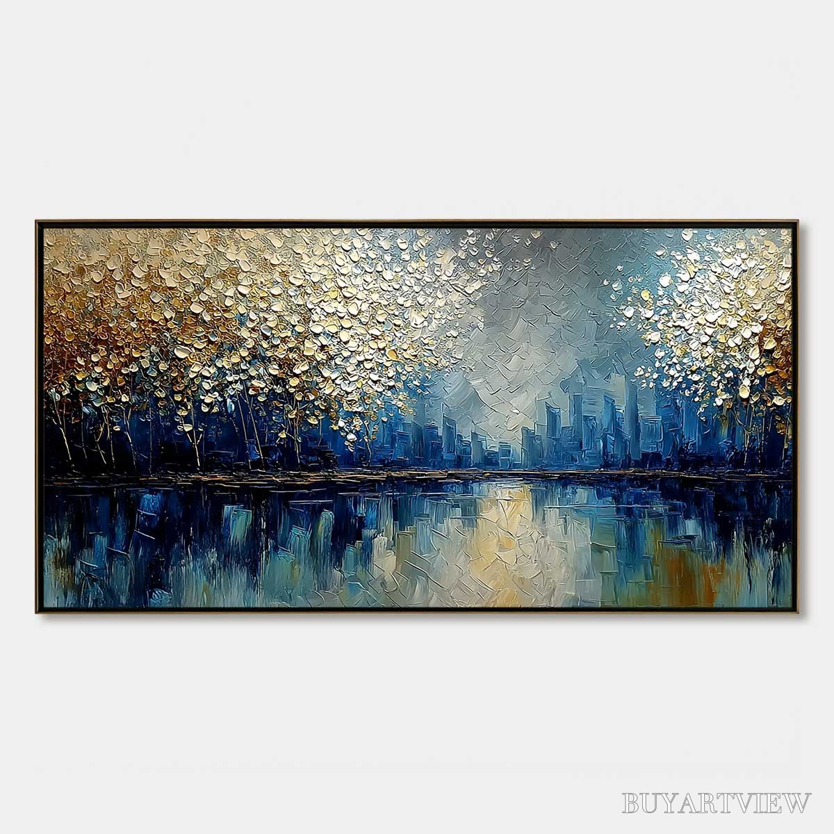 ARTOVITAS Golden Horizon – Textured Abstract Cityscape Painting with Golden Hues - image 1