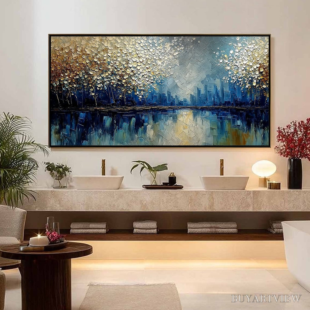 ARTOVITAS Golden Horizon – Textured Abstract Cityscape Painting with Golden Hues - image 4