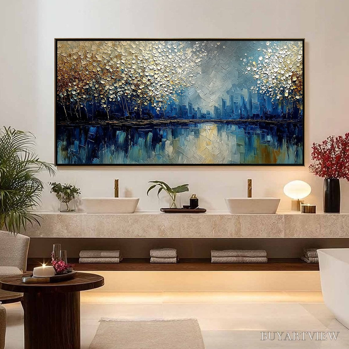 ARTOVITAS Golden Horizon – Textured Abstract Cityscape Painting with Golden Hues - image 4