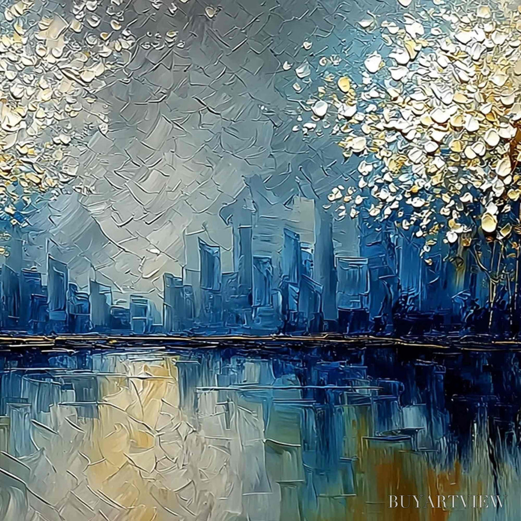 ARTOVITAS Golden Horizon – Textured Abstract Cityscape Painting with Golden Hues - image 5