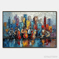 ARTOVITAS Urban Serenade – Textured Palette Knife Painting of Jazz Musicians and Cityscape - image 1