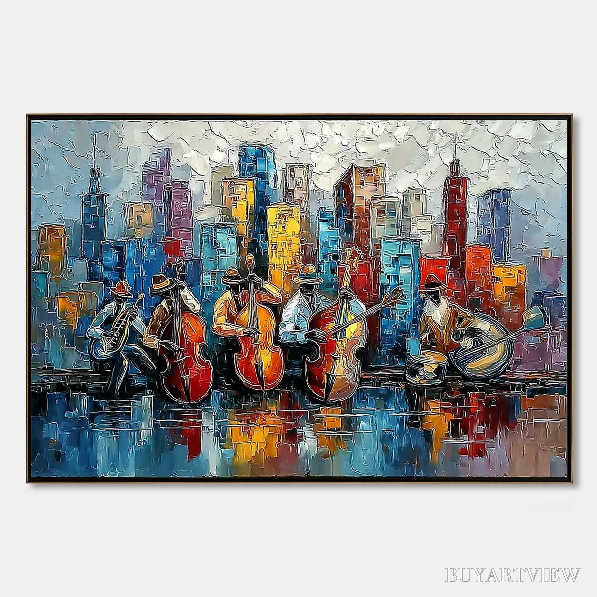 ARTOVITAS Urban Serenade – Textured Palette Knife Painting of Jazz Musicians and Cityscape - image 1
