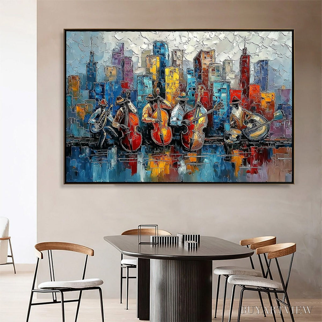 ARTOVITAS Urban Serenade – Textured Palette Knife Painting of Jazz Musicians and Cityscape - image 2