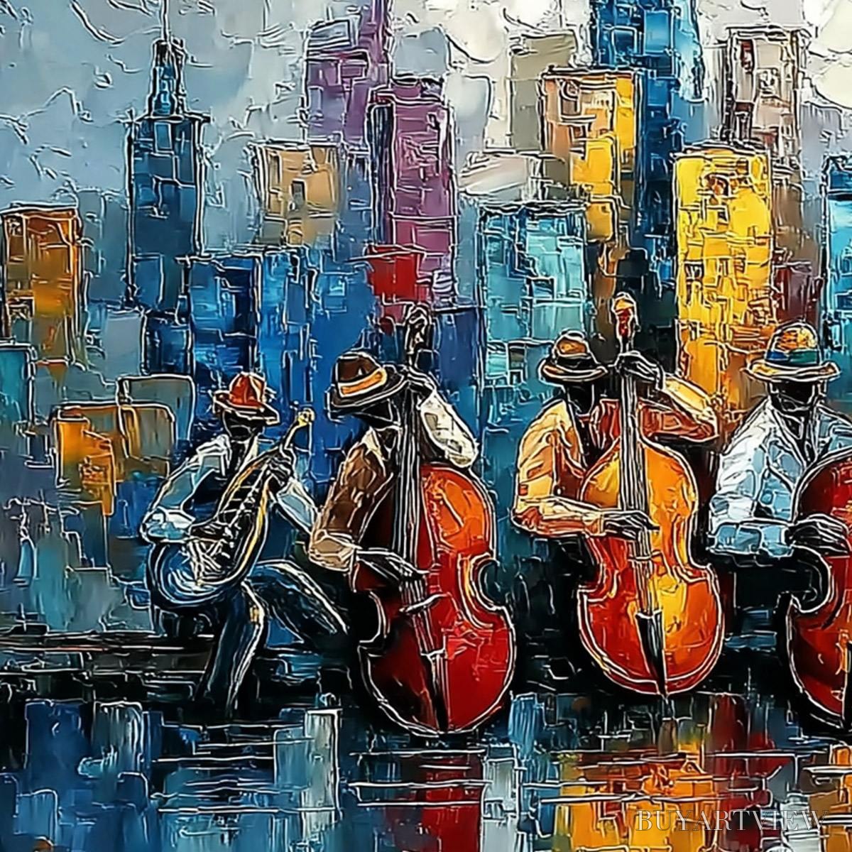 ARTOVITAS Urban Serenade – Textured Palette Knife Painting of Jazz Musicians and Cityscape - image 3