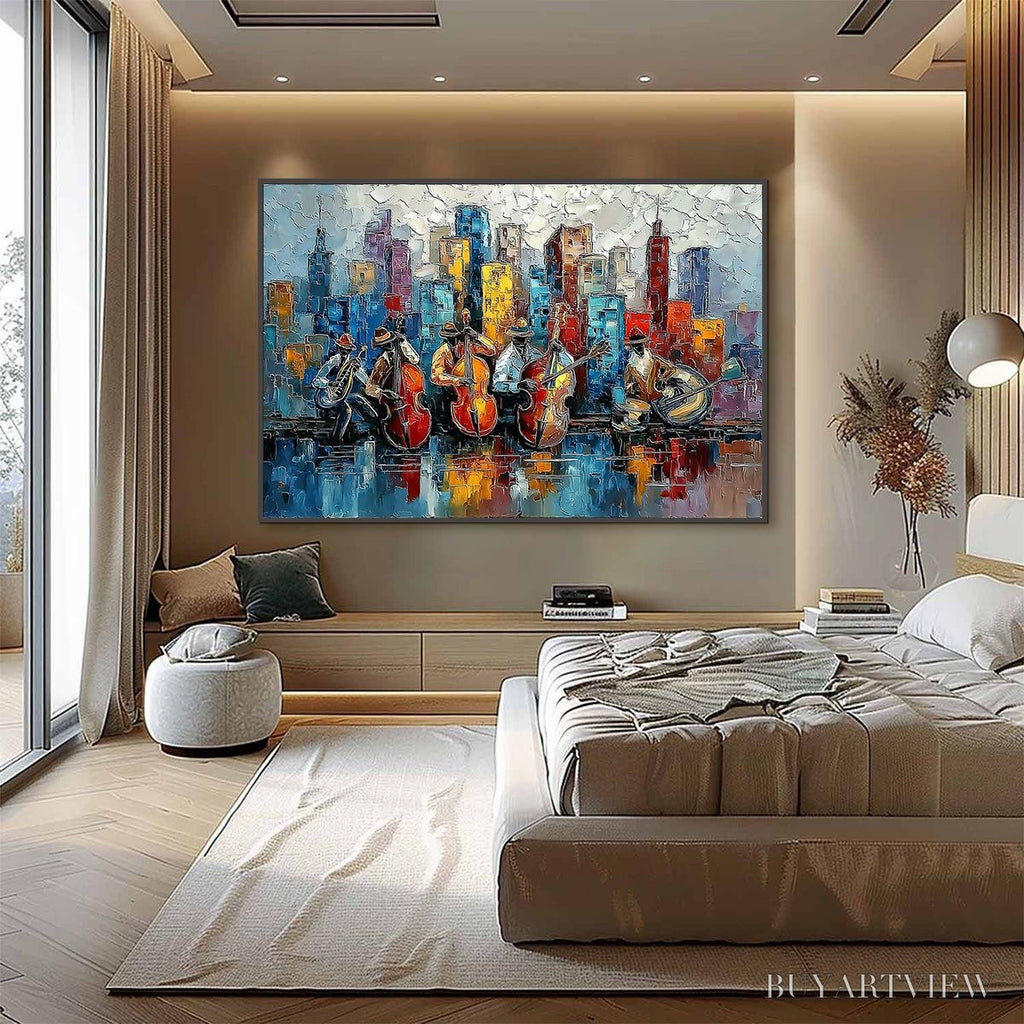 ARTOVITAS Urban Serenade – Textured Palette Knife Painting of Jazz Musicians and Cityscape - image 4
