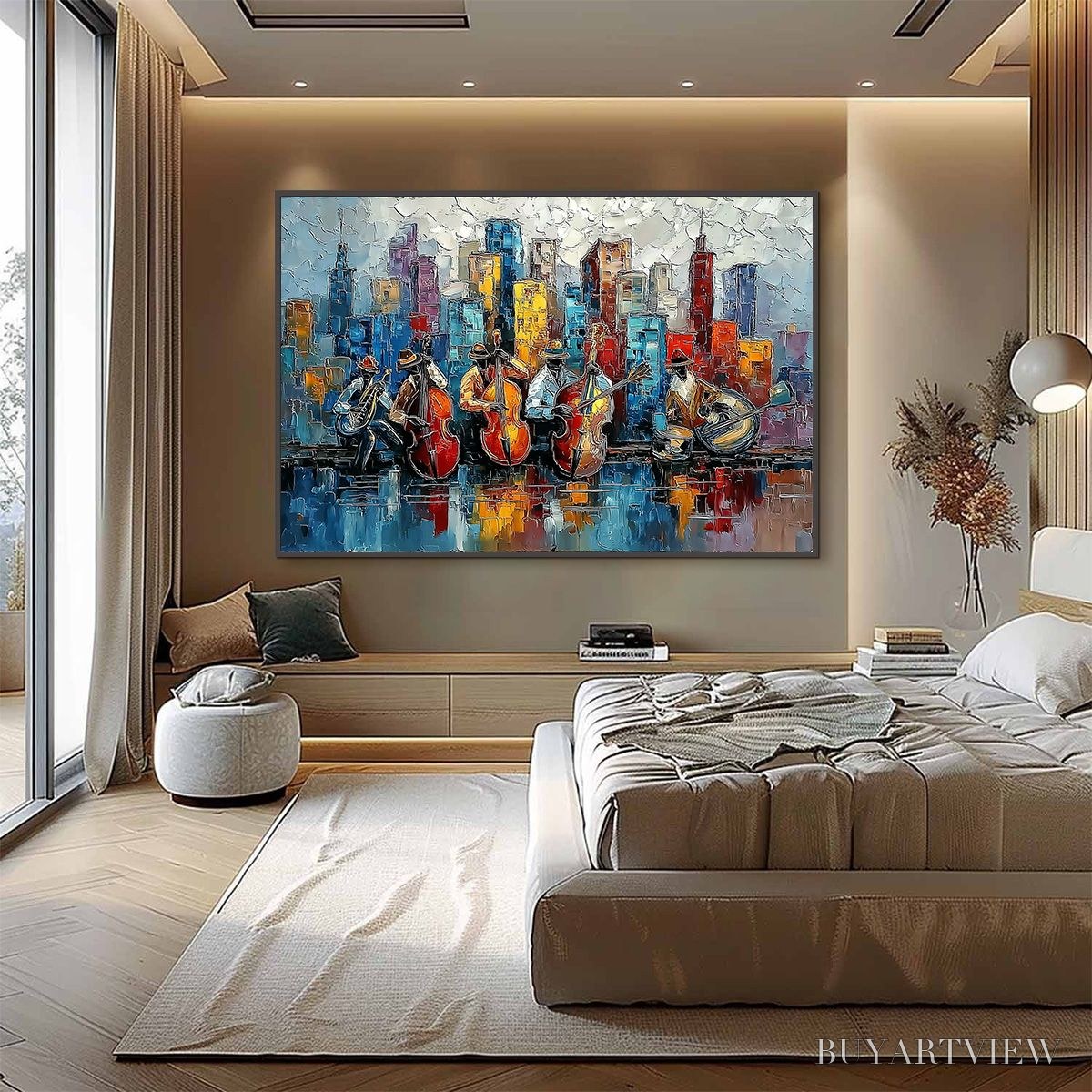 ARTOVITAS Urban Serenade – Textured Palette Knife Painting of Jazz Musicians and Cityscape - image 4