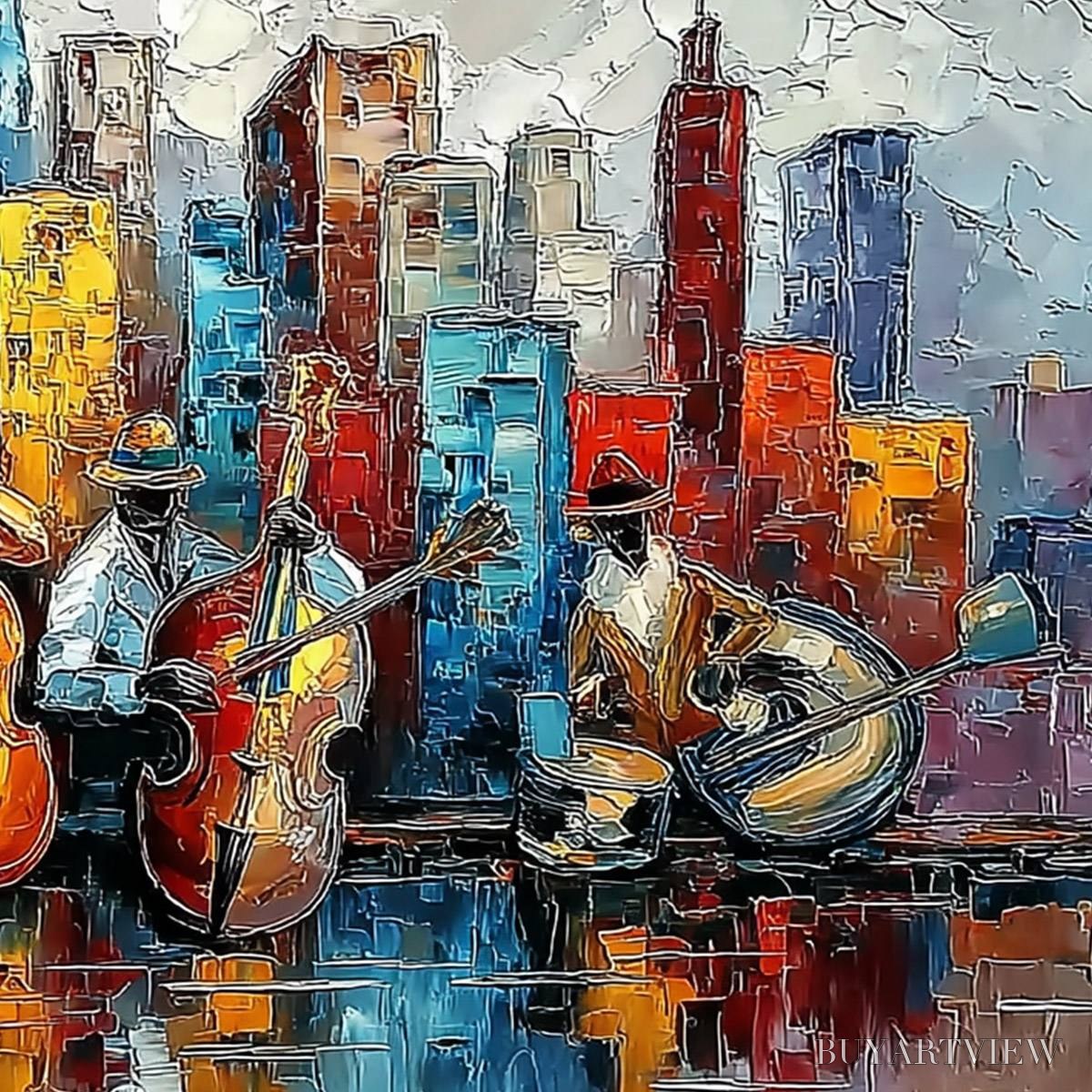 ARTOVITAS Urban Serenade – Textured Palette Knife Painting of Jazz Musicians and Cityscape - image 5