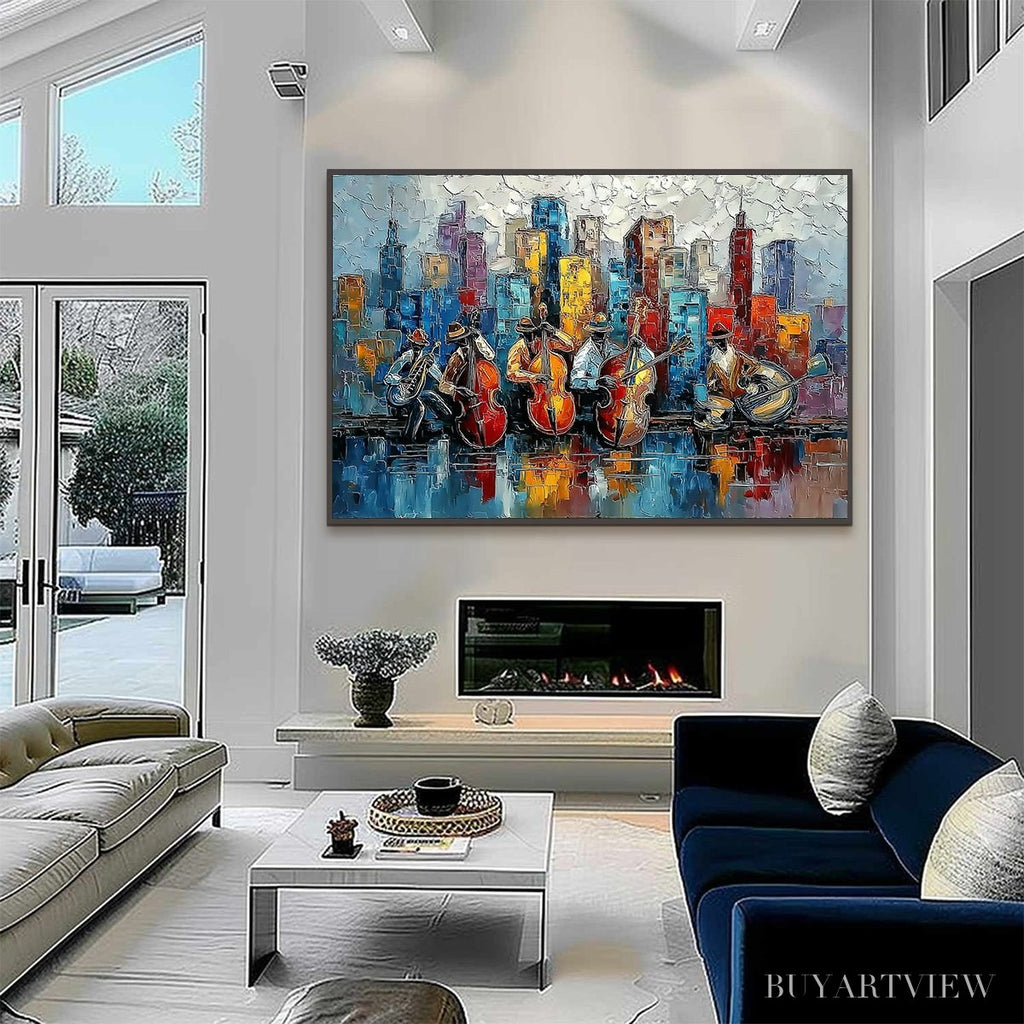 ARTOVITAS Urban Serenade – Textured Palette Knife Painting of Jazz Musicians and Cityscape - image 6