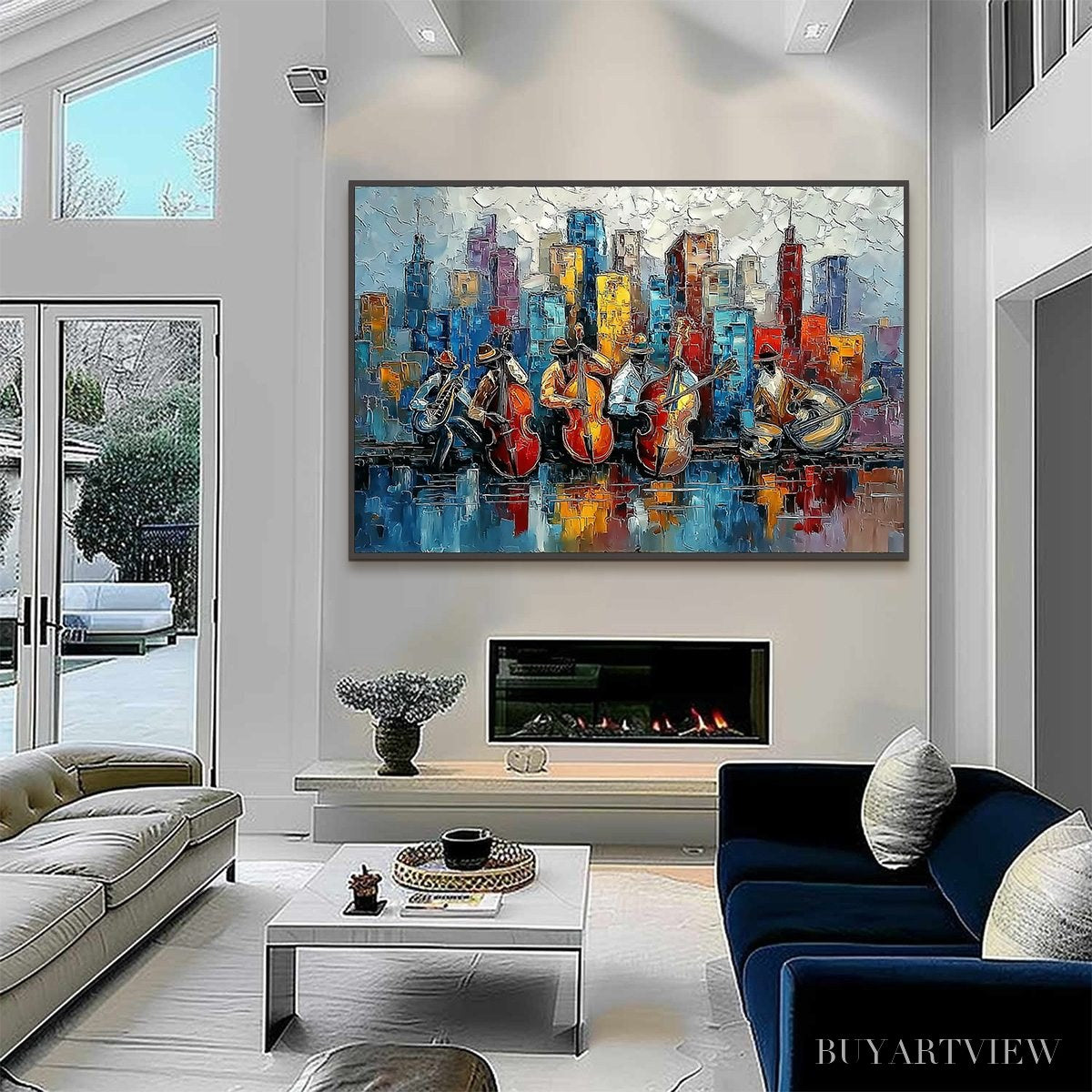 ARTOVITAS Urban Serenade – Textured Palette Knife Painting of Jazz Musicians and Cityscape - image 6