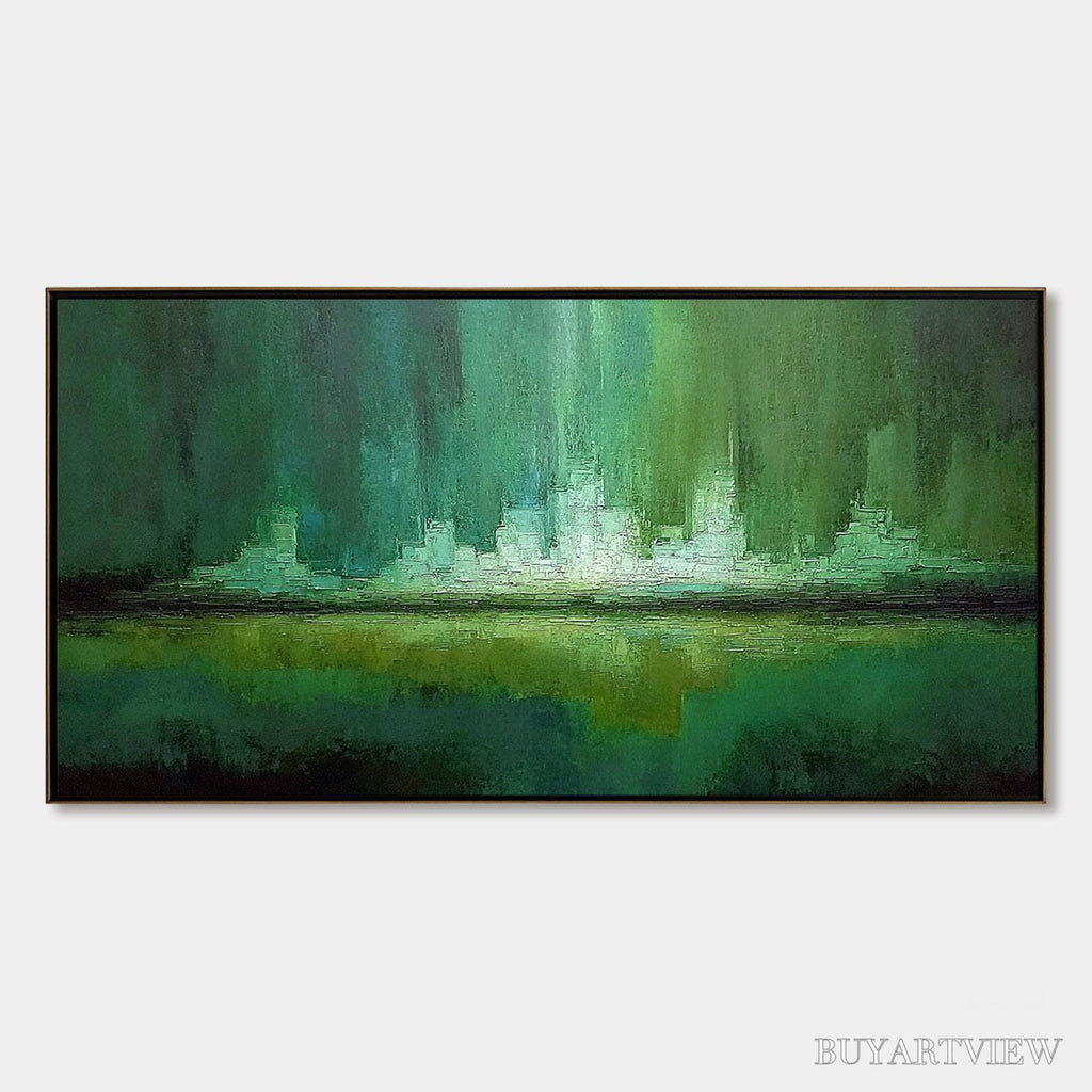 ARTOVITAS Emerald Horizon – Abstract Green Textured Cityscape Oil Painting - image 1