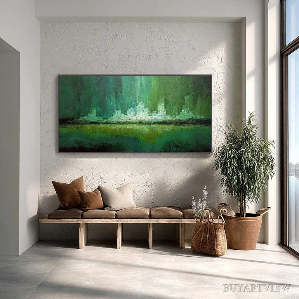 ARTOVITAS Emerald Horizon – Abstract Green Textured Cityscape Oil Painting - image 2