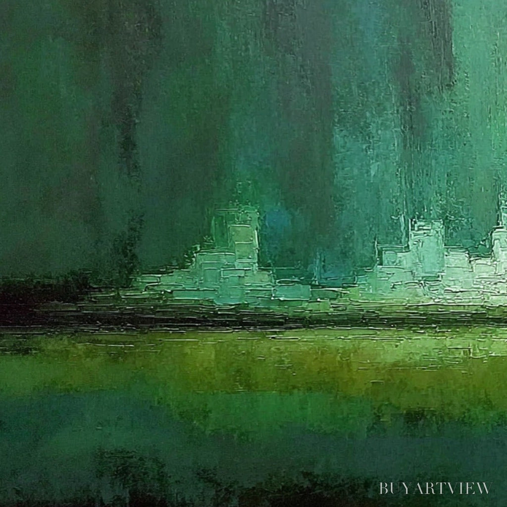 ARTOVITAS Emerald Horizon – Abstract Green Textured Cityscape Oil Painting - image 3