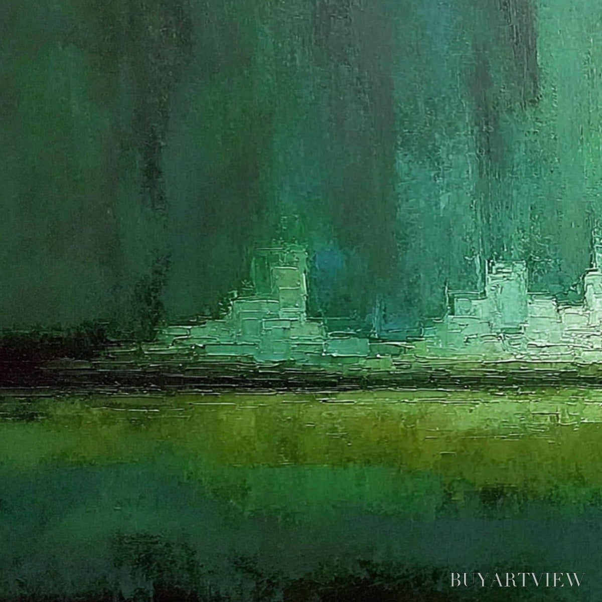 ARTOVITAS Emerald Horizon – Abstract Green Textured Cityscape Oil Painting - image 3