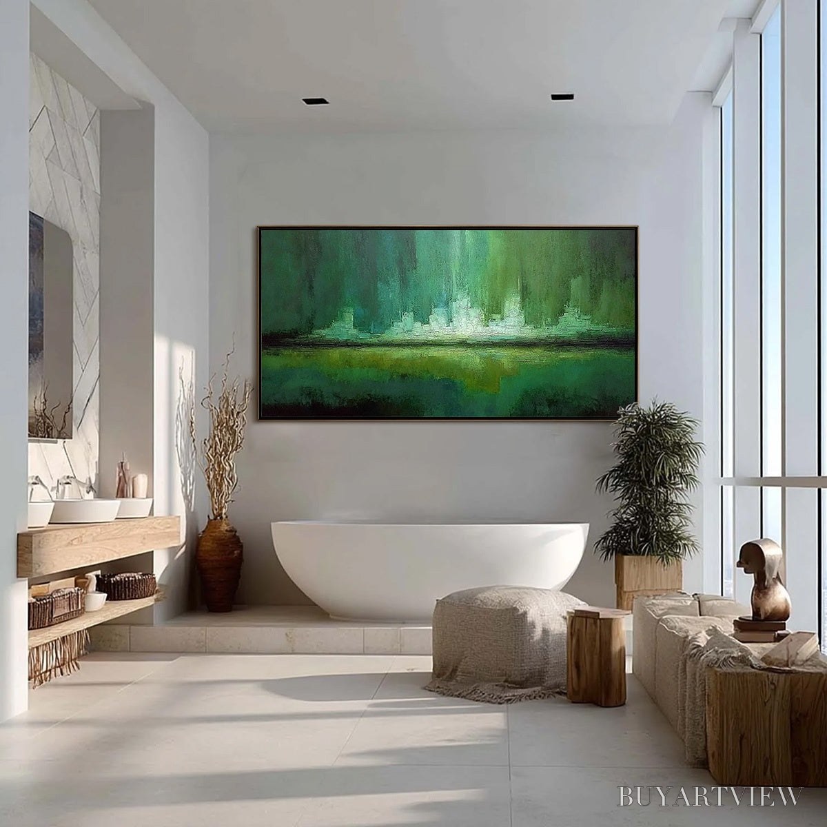 ARTOVITAS Emerald Horizon – Abstract Green Textured Cityscape Oil Painting - image 4