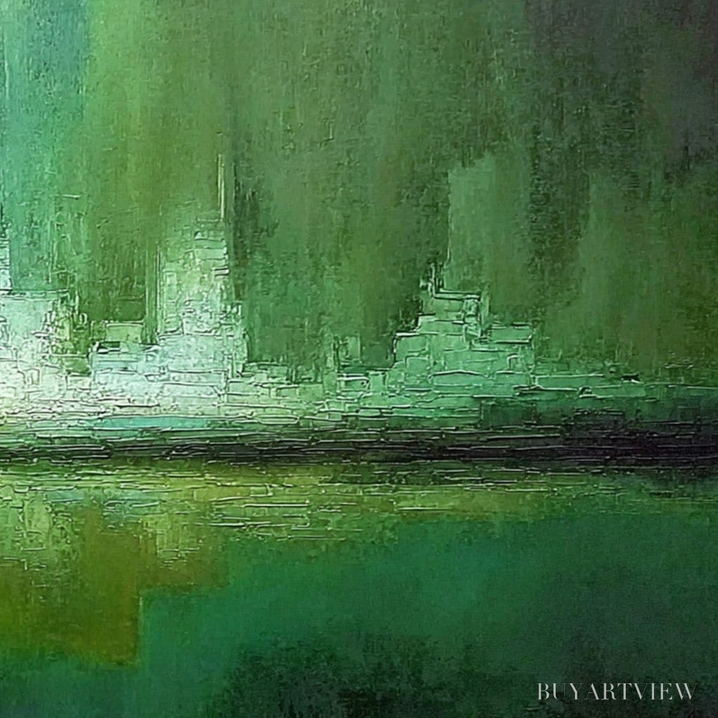 ARTOVITAS Emerald Horizon – Abstract Green Textured Cityscape Oil Painting - image 5