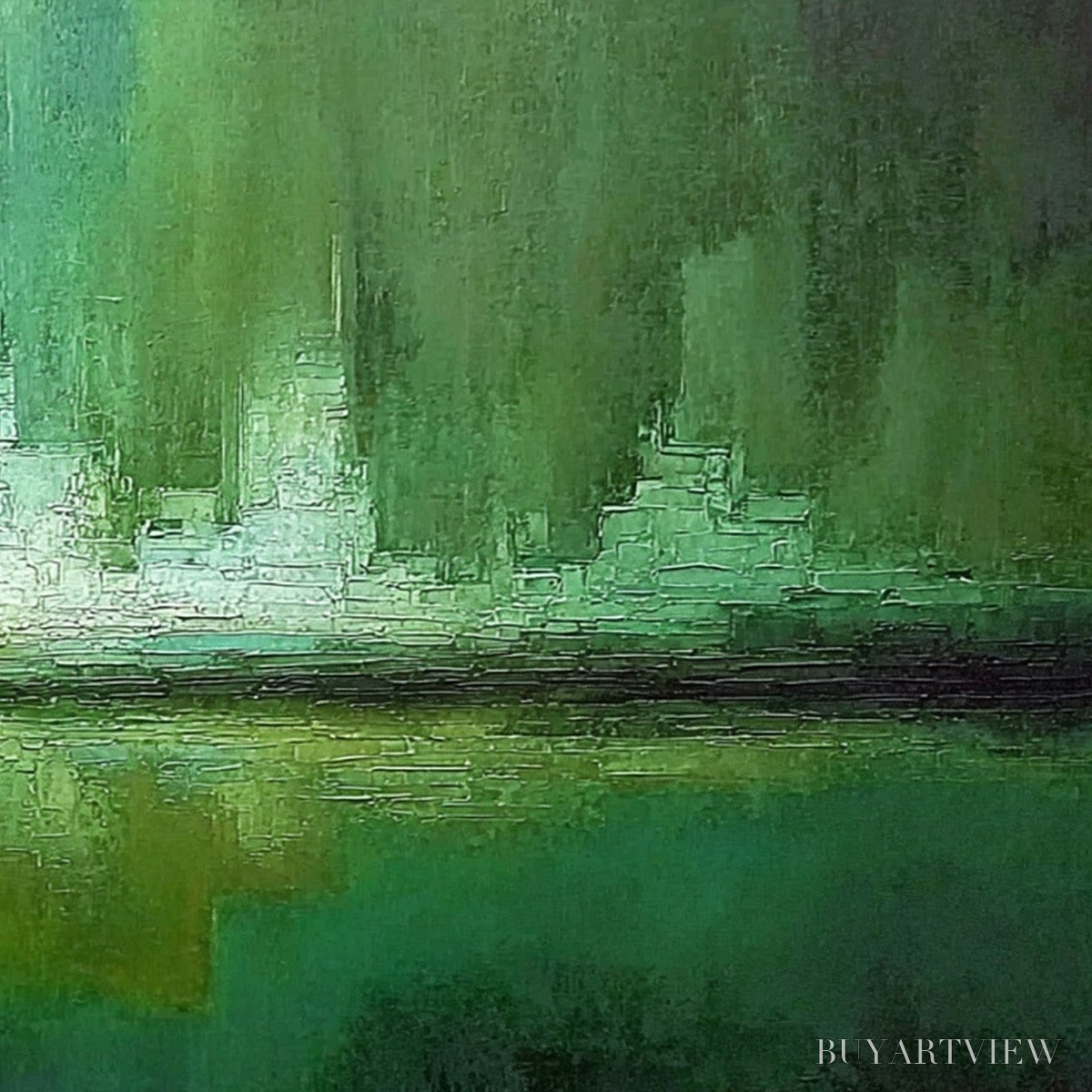 ARTOVITAS Emerald Horizon – Abstract Green Textured Cityscape Oil Painting - image 5