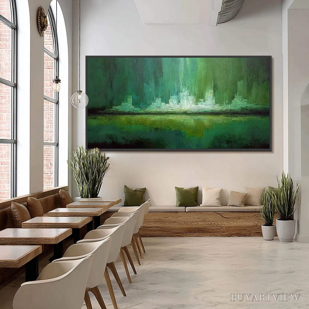 ARTOVITAS Emerald Horizon – Abstract Green Textured Cityscape Oil Painting - image 6