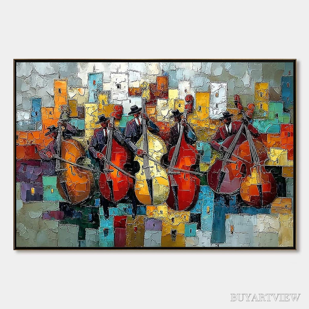ARTOVITAS Urban Serenade – Vibrant Palette Knife Painting of Musicians in Cityscape - image 1