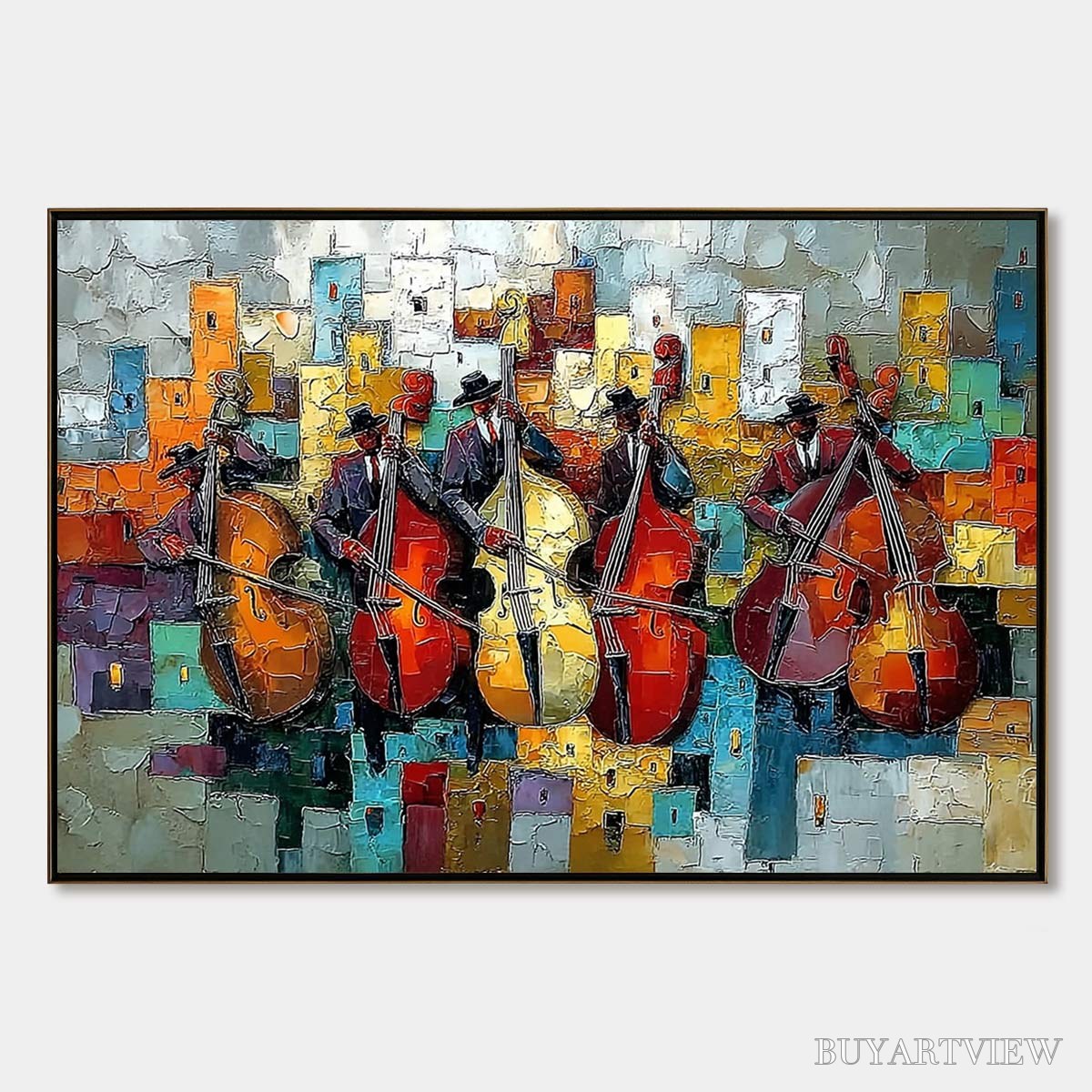 ARTOVITAS Urban Serenade – Vibrant Palette Knife Painting of Musicians in Cityscape - image 1