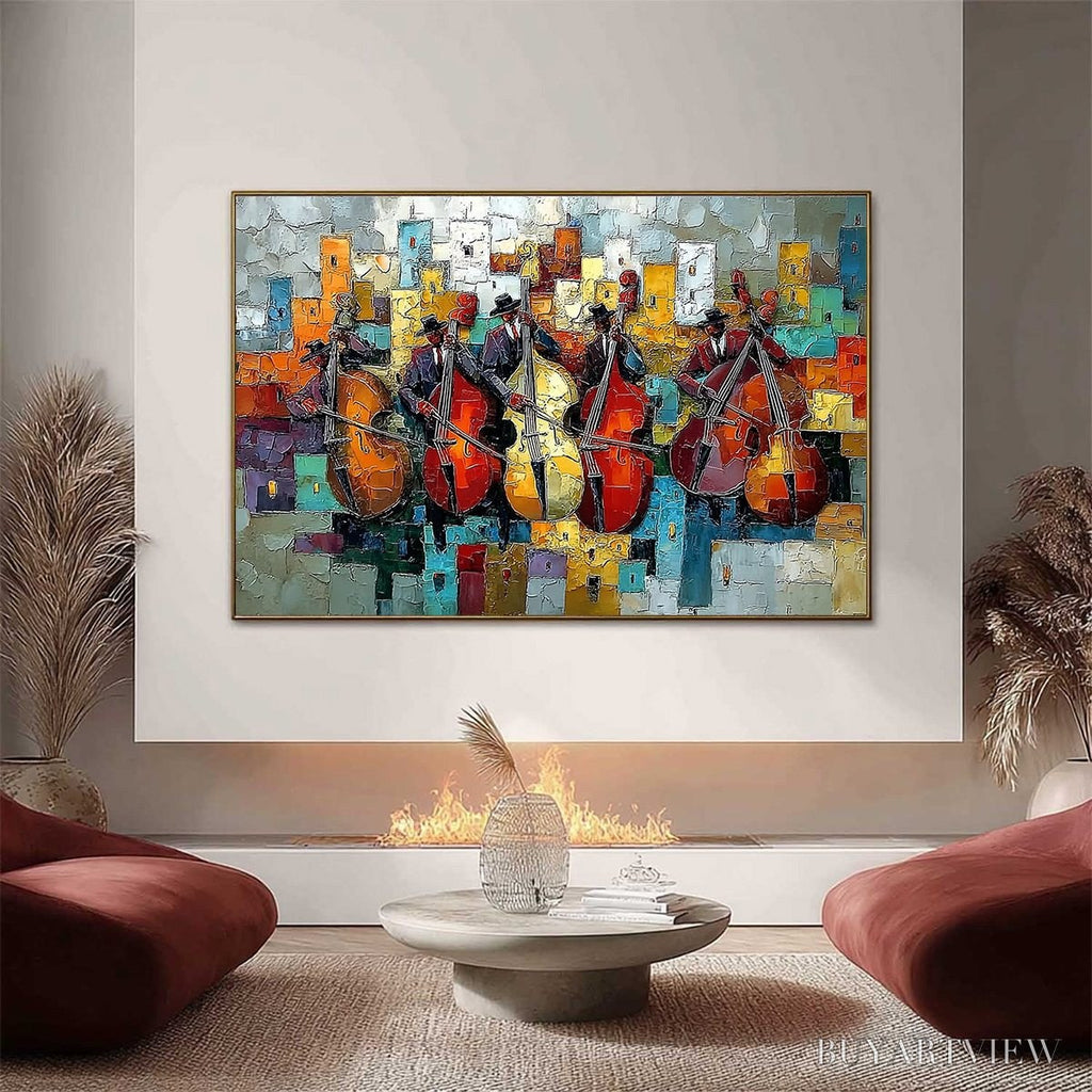ARTOVITAS Urban Serenade – Vibrant Palette Knife Painting of Musicians in Cityscape - image 2