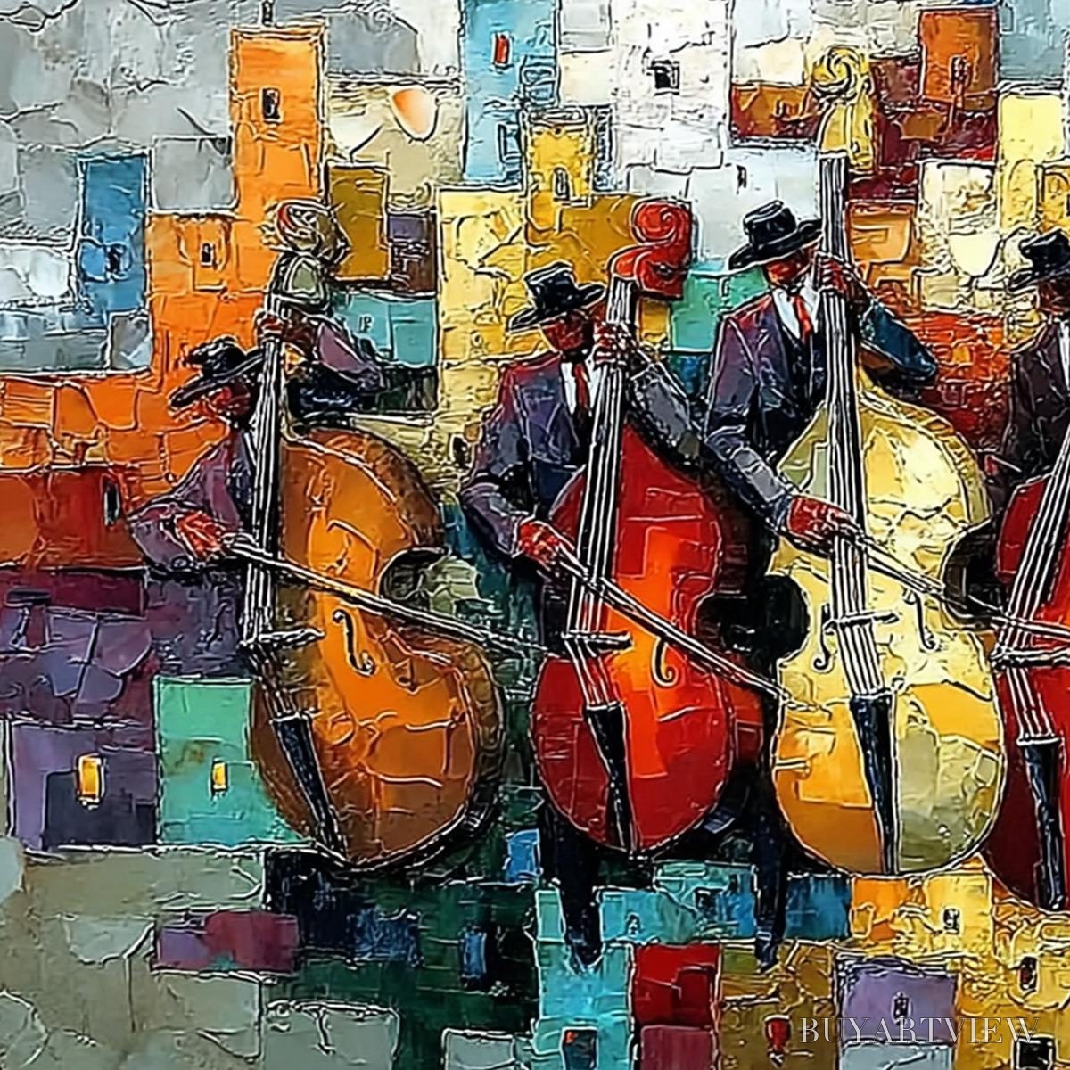 ARTOVITAS Urban Serenade – Vibrant Palette Knife Painting of Musicians in Cityscape - image 3