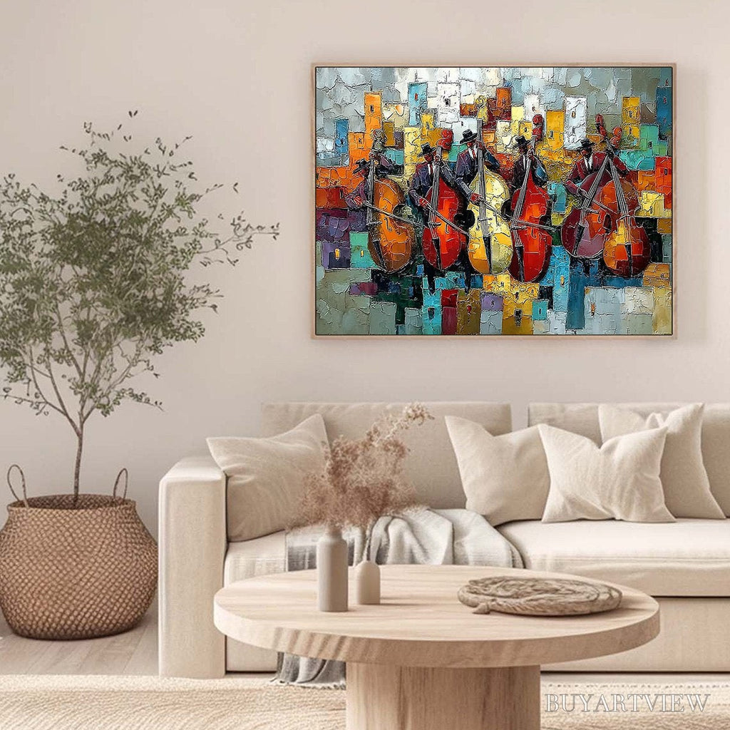 ARTOVITAS Urban Serenade – Vibrant Palette Knife Painting of Musicians in Cityscape - image 4